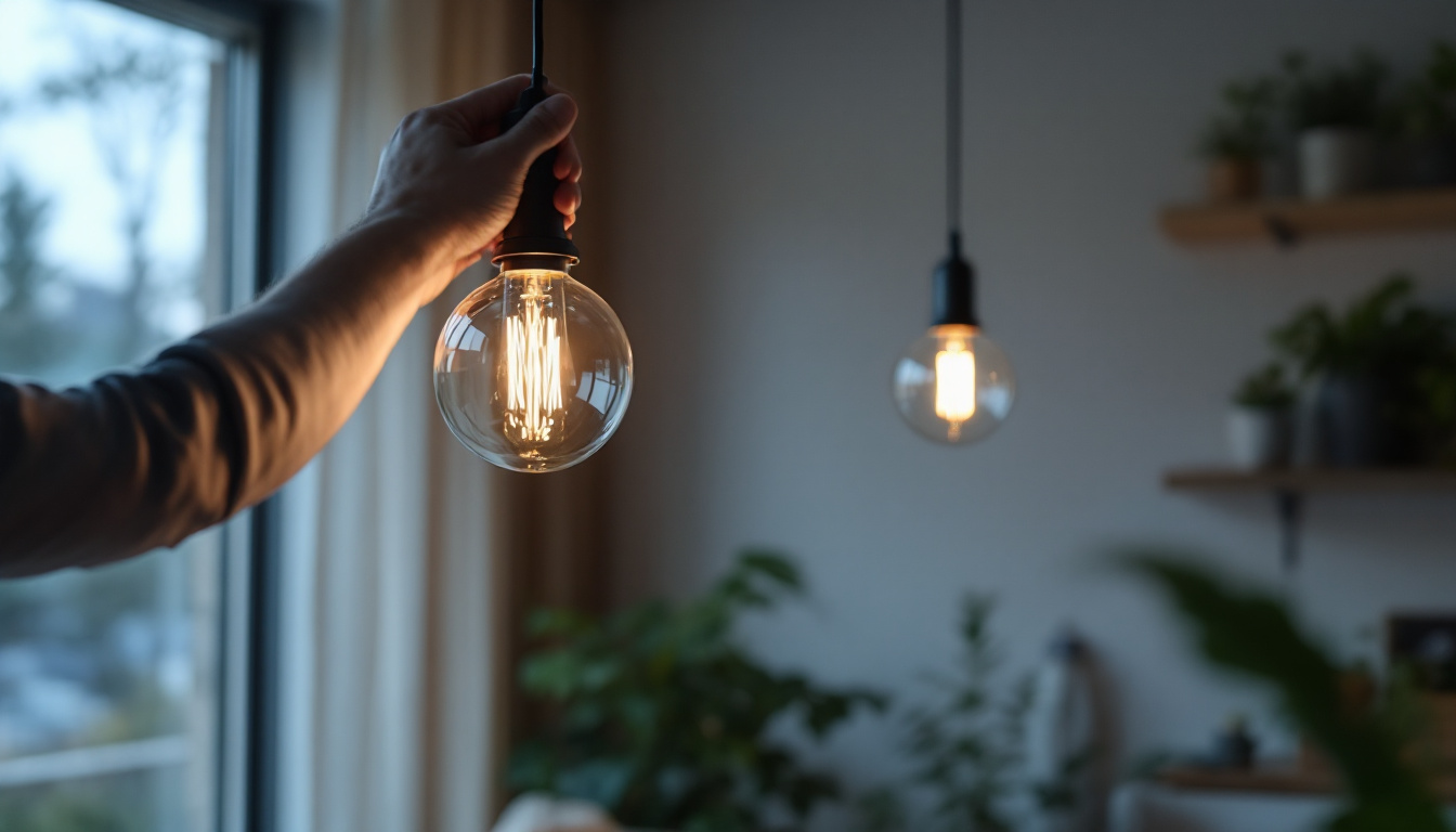 A photograph of capture a photograph of a stylish pendant lighting fixture being installed in a modern home setting