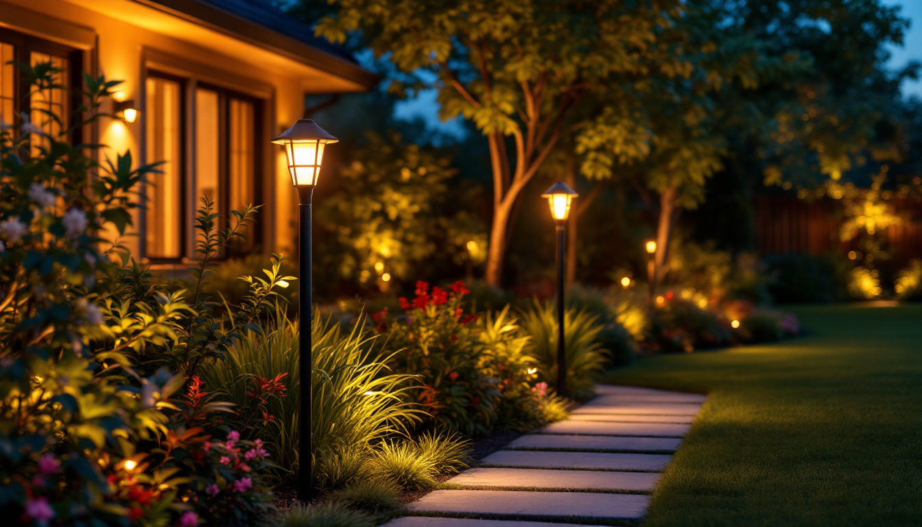 A photograph of a beautifully illuminated yard featuring stylish pole lights