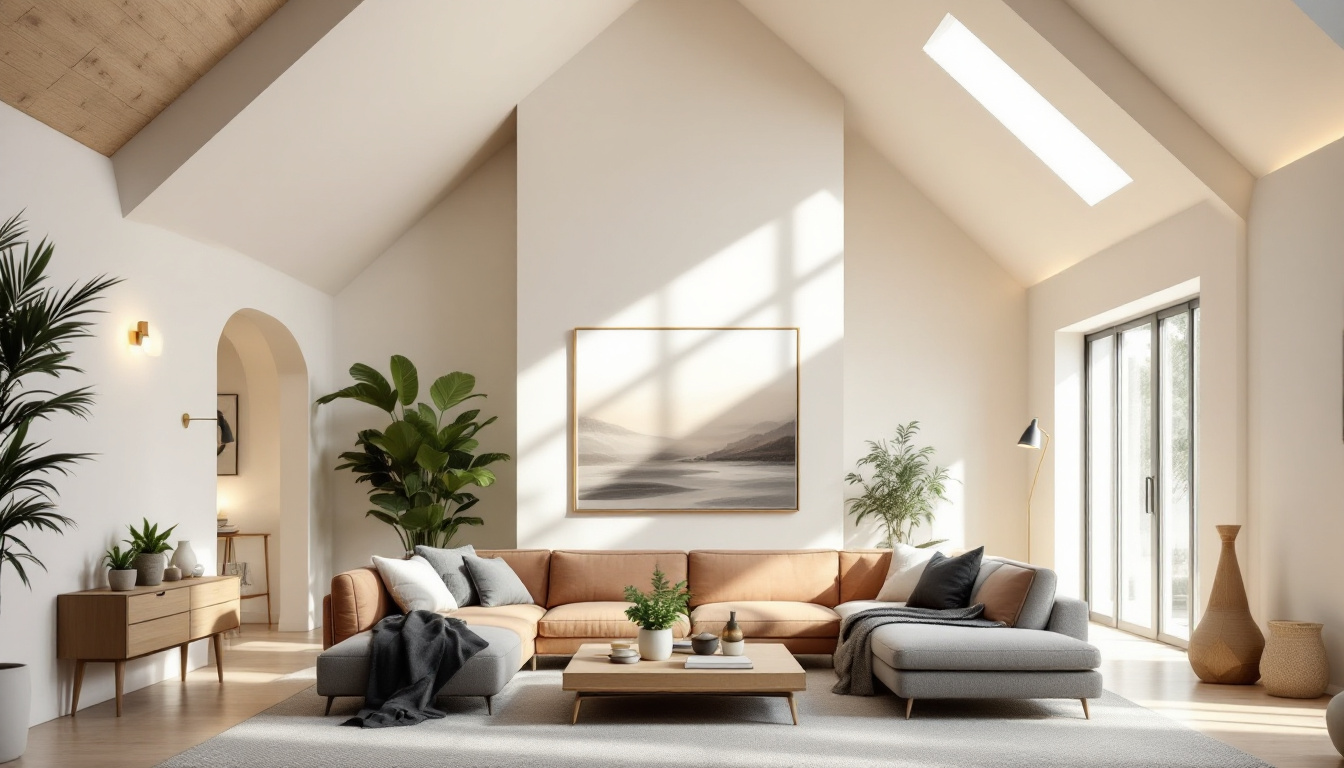 A photograph of a beautifully designed living space featuring a cathedral ceiling