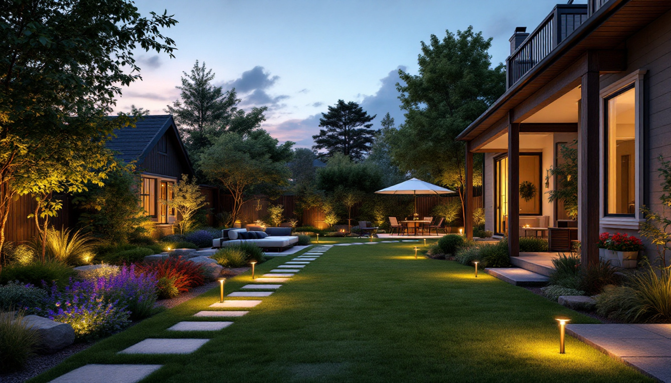 A photograph of a beautifully landscaped yard at dusk