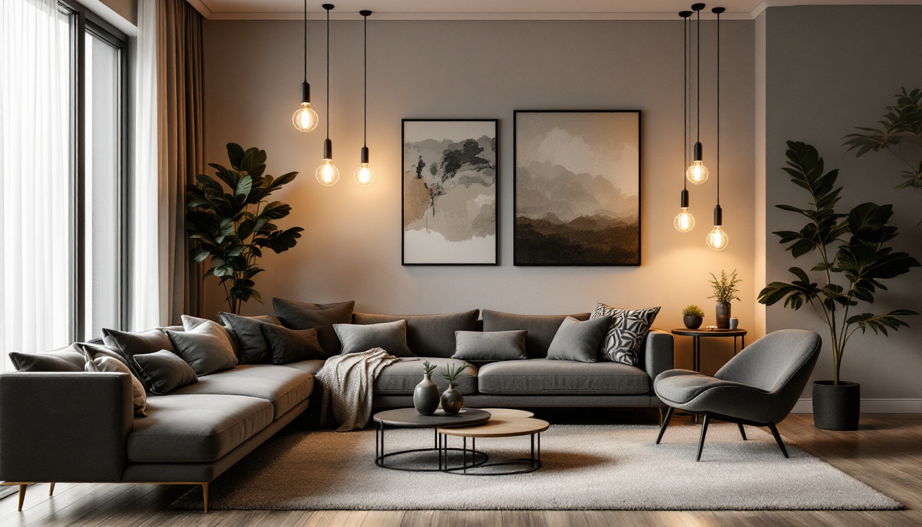 A photograph of a stylish modern living space featuring a variety of bulb base light fixtures