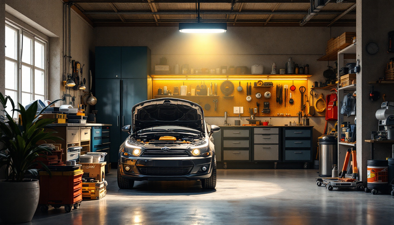 A photograph of a well-lit garage showcasing a bright led garage lamp in use