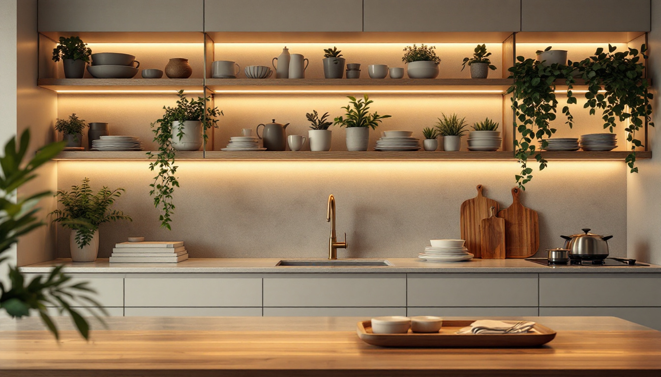 A photograph of a beautifully designed kitchen with elegant under-shelf lighting illuminating shelves filled with neatly arranged dishes and plants