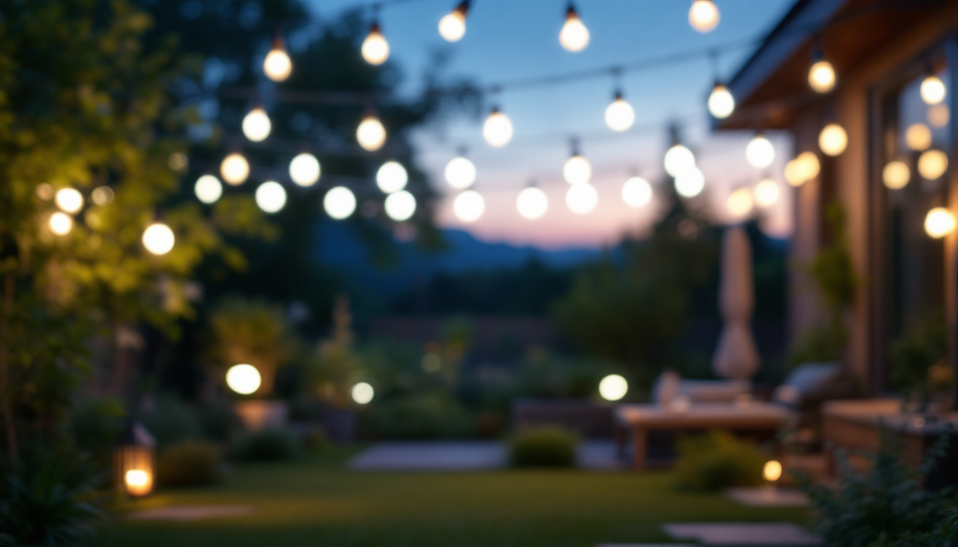 A photograph of a well-lit outdoor space showcasing led flood light bulbs illuminating a garden or patio area