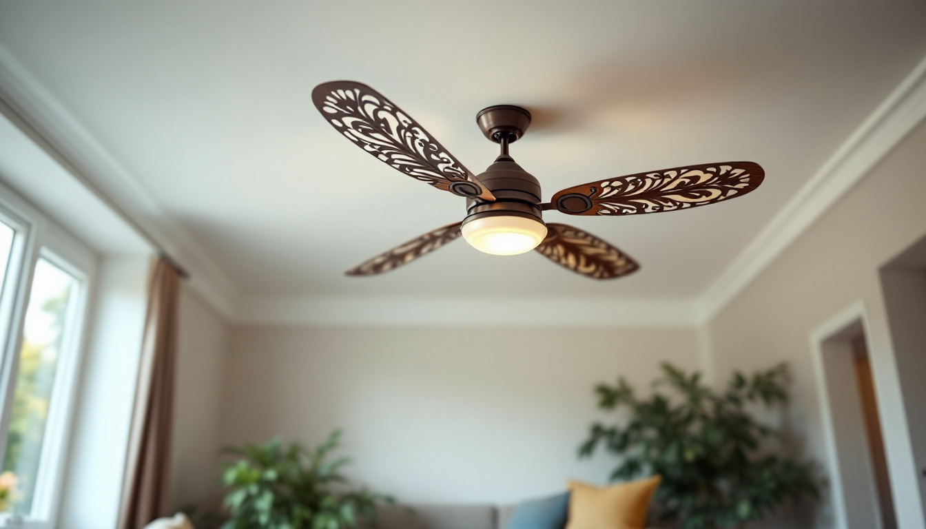 A photograph of a beautifully installed decorative ceiling fan in a stylishly decorated room