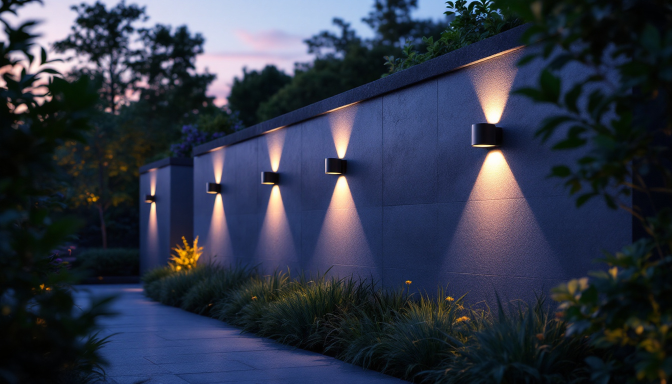 A photograph of a beautifully illuminated exterior wall featuring energy-efficient lighting fixtures that highlight sustainable design elements