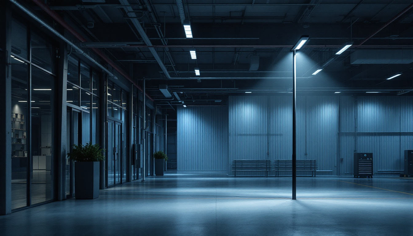 A photograph of a modern industrial or commercial setting showcasing a sleek pole light illuminating a workspace or outdoor area