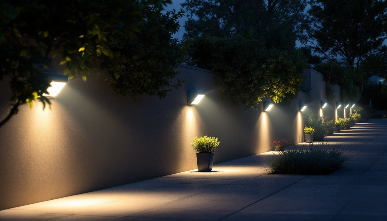 A photograph of a well-lit outdoor setting showcasing various motion sensor lights installed in different locations