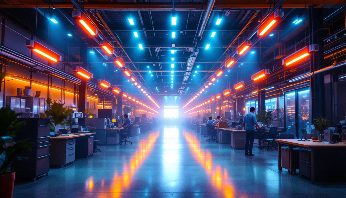 A photograph of a modern industrial or commercial space showcasing vibrant led house lights illuminating work areas