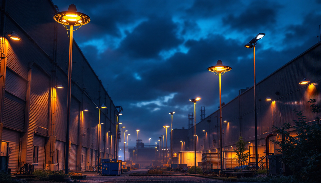 A photograph of a well-lit industrial or commercial yard showcasing various innovative pole light designs illuminating the space