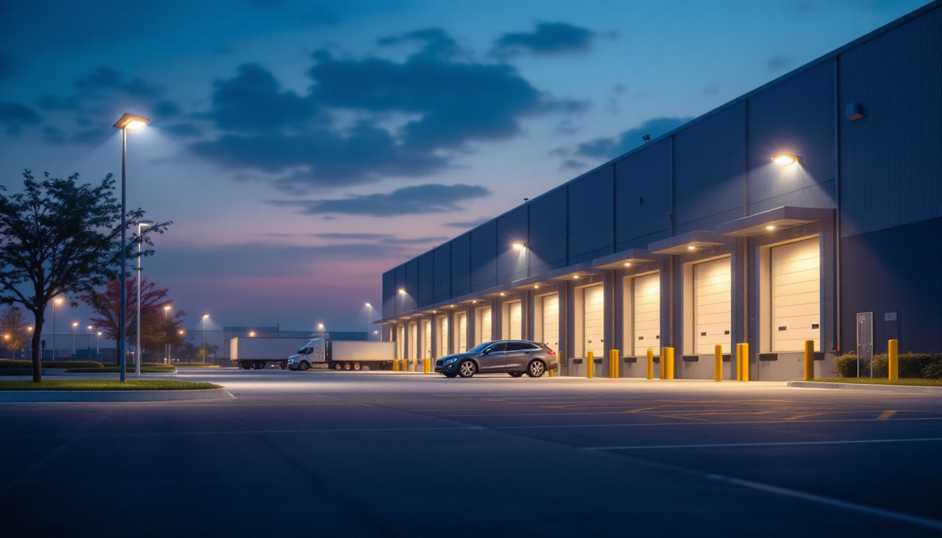 A photograph of capture a photograph of solar-powered motion lights illuminating an industrial or commercial outdoor setting at dusk