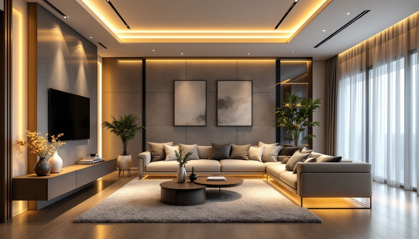 A photograph of a beautifully designed modern living space featuring sleek recessed lighting that highlights architectural details and creates a warm