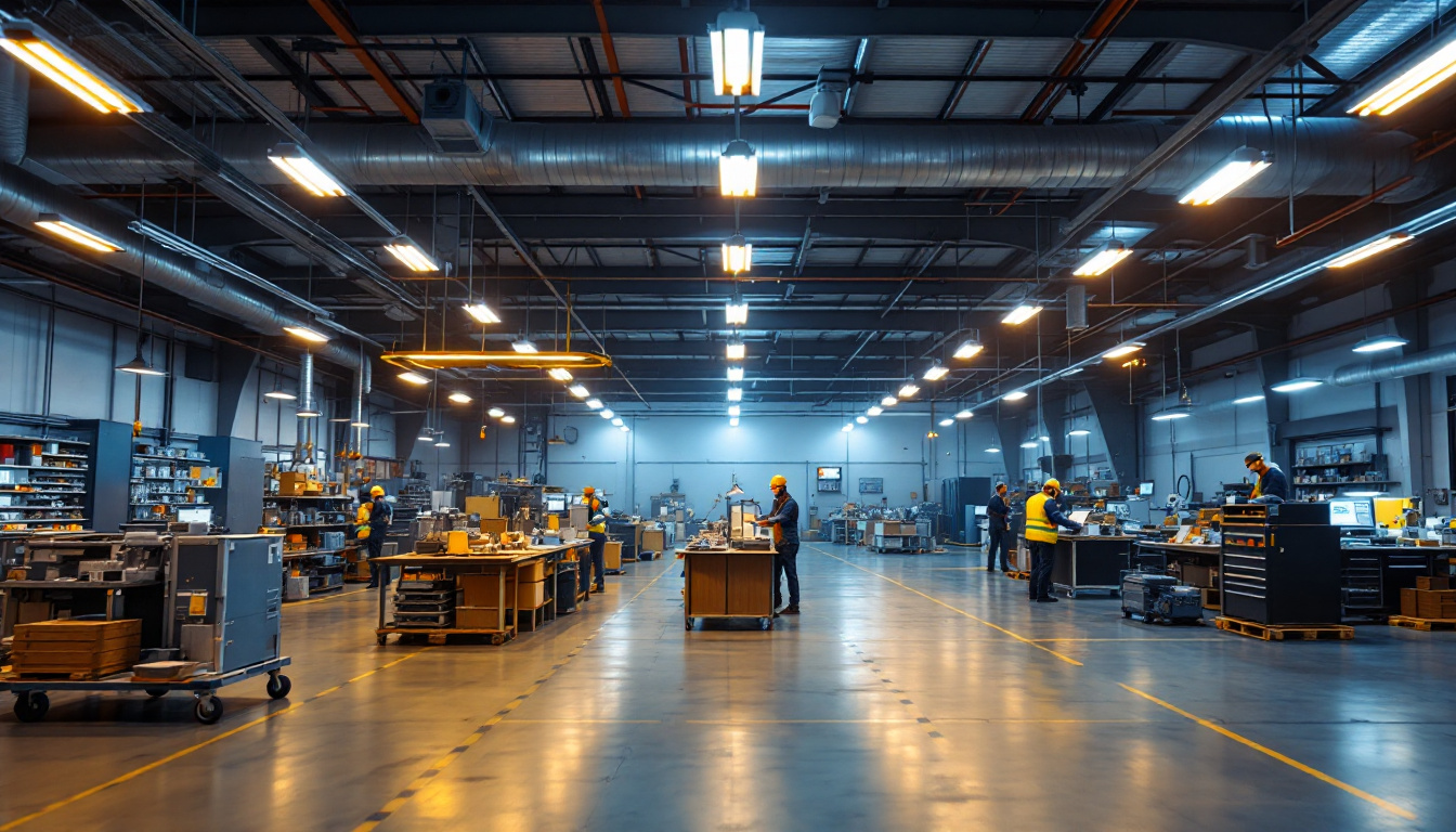 A photograph of a well-lit industrial workspace showcasing t5 led bulbs illuminating various commercial activities