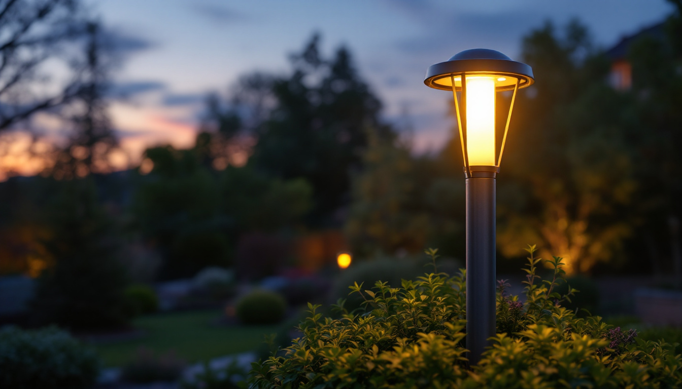 A photograph of a stylish outdoor pole lamp illuminating a beautifully landscaped garden at dusk