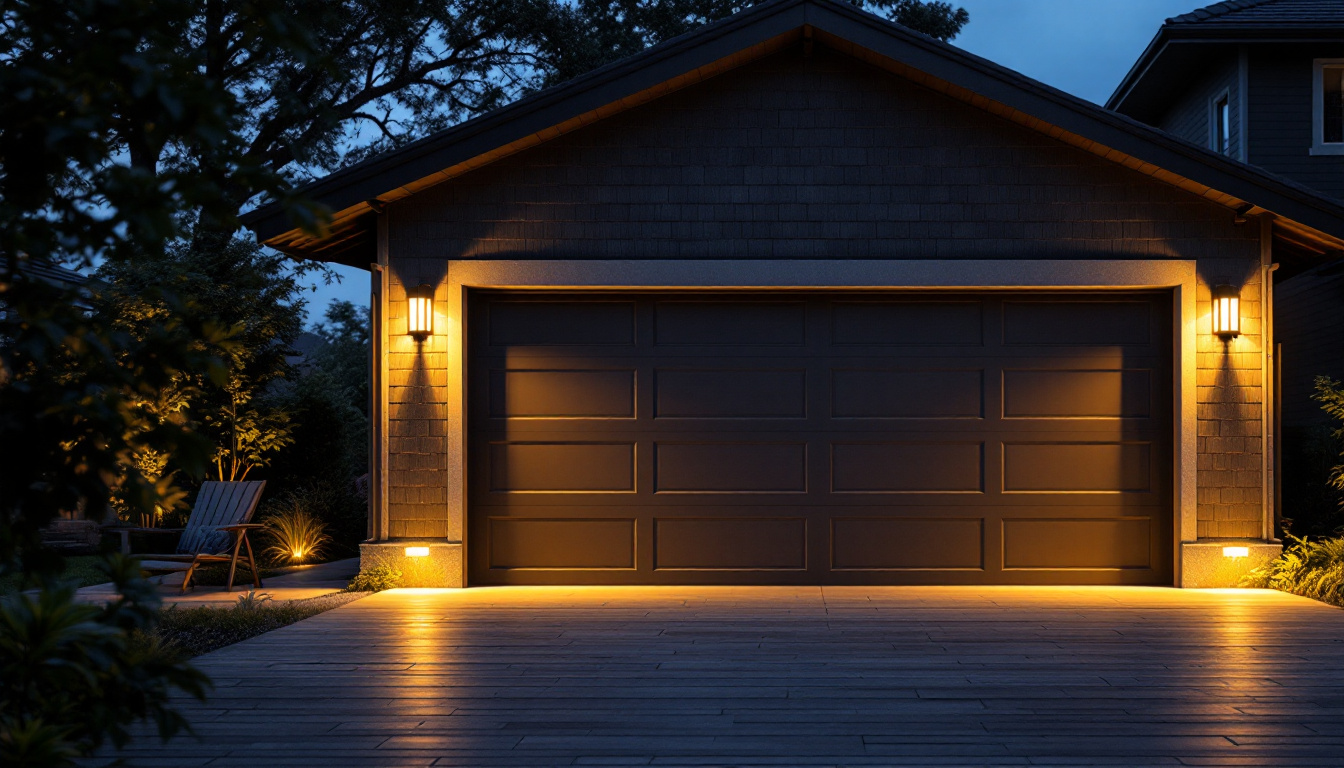 A photograph of a well-lit garage exterior showcasing a variety of outdoor lighting options