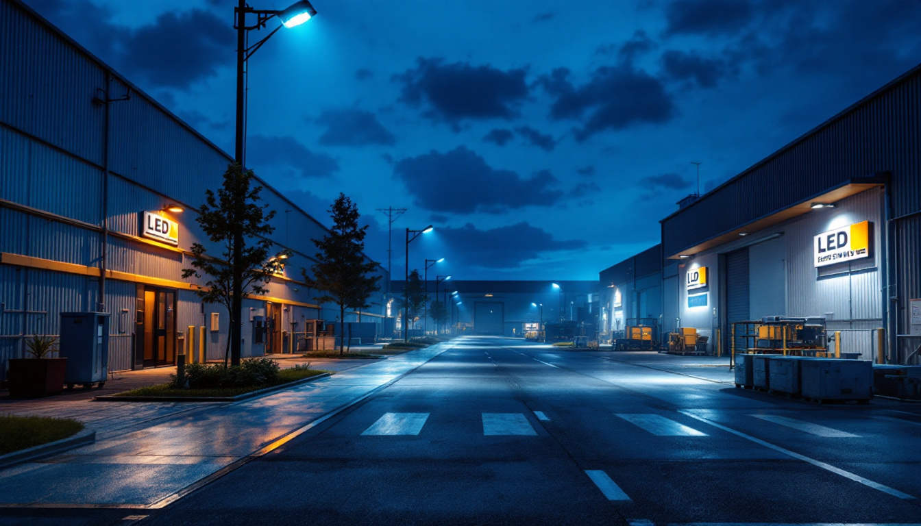 A photograph of a well-lit industrial or commercial outdoor space at dusk