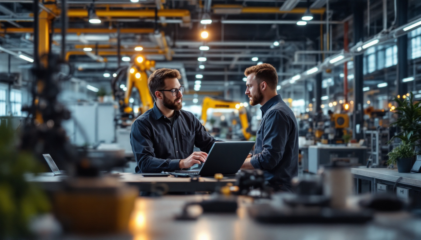 A photograph of capture a photograph of a modern industrial workspace where workers are actively engaging with define dlc technology