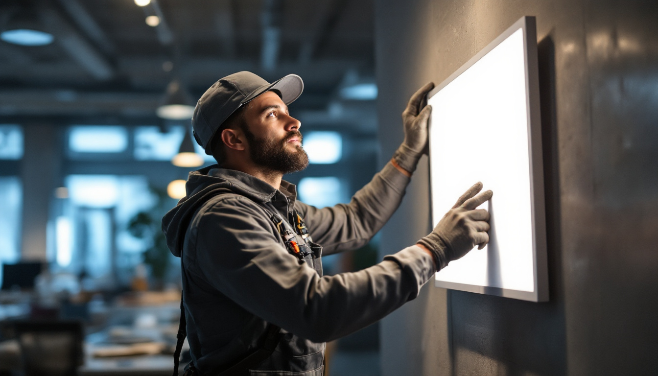 A photograph of a skilled technician installing panel lighting in a modern workspace