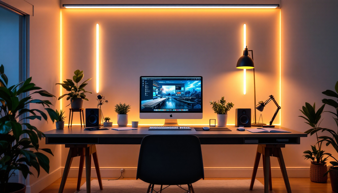 A photograph of a modern workspace or living area illuminated by sleek strip lighting