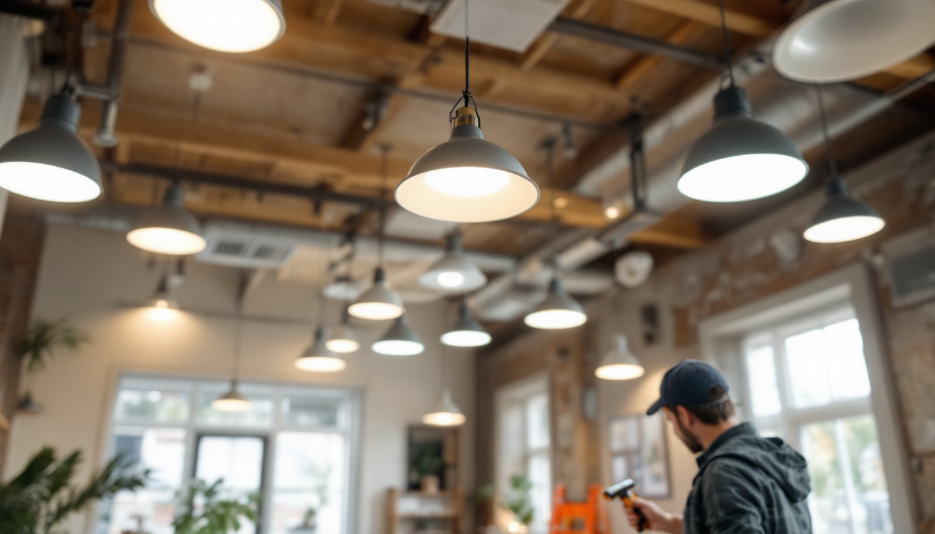 A photograph of a well-lit interior space showcasing various types of pot light fixtures being installed