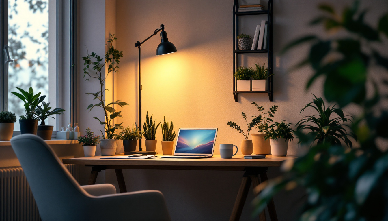 A photograph of a modern workspace featuring energy-efficient lighting solutions