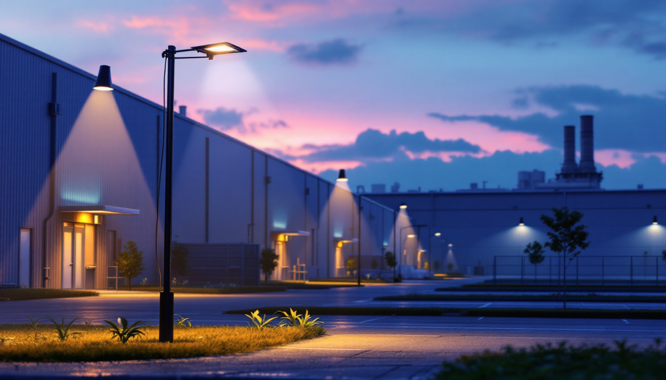 A photograph of a vibrant industrial or commercial outdoor space illuminated by strategically placed yard solar lights