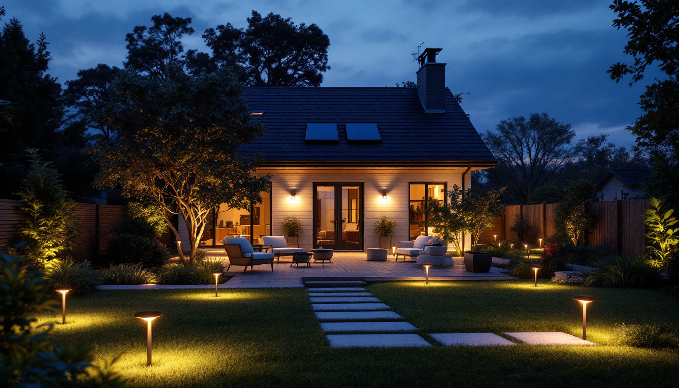 A photograph of a beautifully illuminated outdoor space featuring various solar lights in different settings