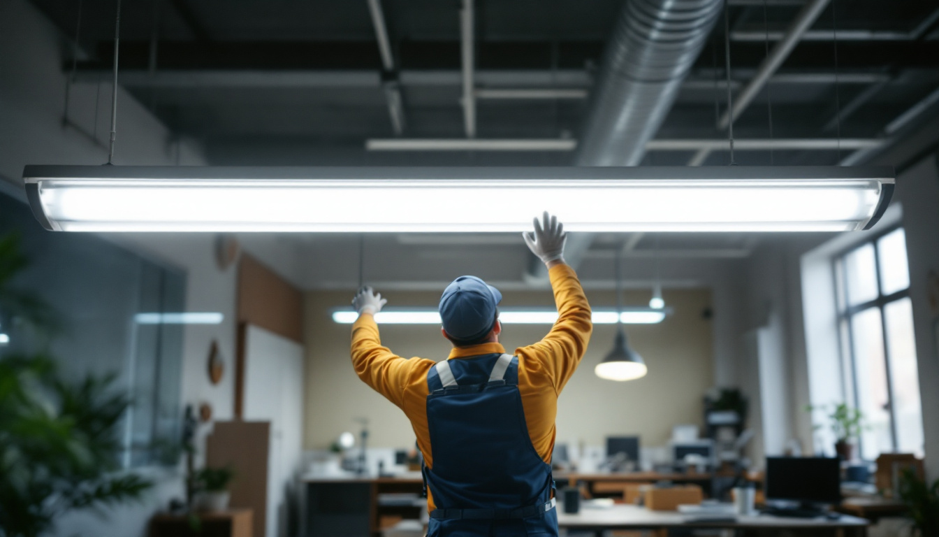 A photograph of a technician skillfully replacing a fluorescent light fixture in a well-lit workspace