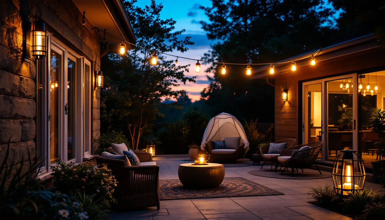 A photograph of a beautifully illuminated outdoor patio featuring stylish solar lamps in use during twilight