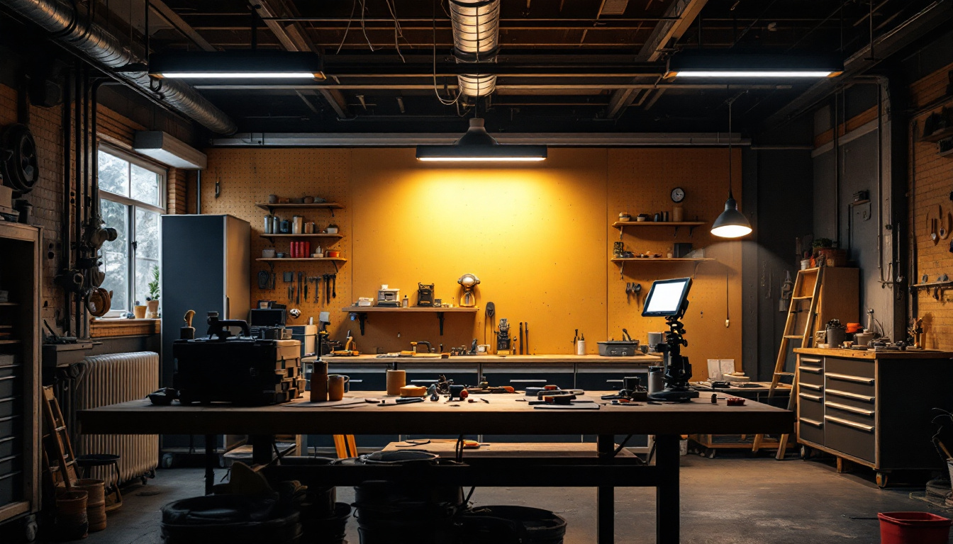 A photograph of a well-lit workshop or garage space showcasing bright led shop lights in action