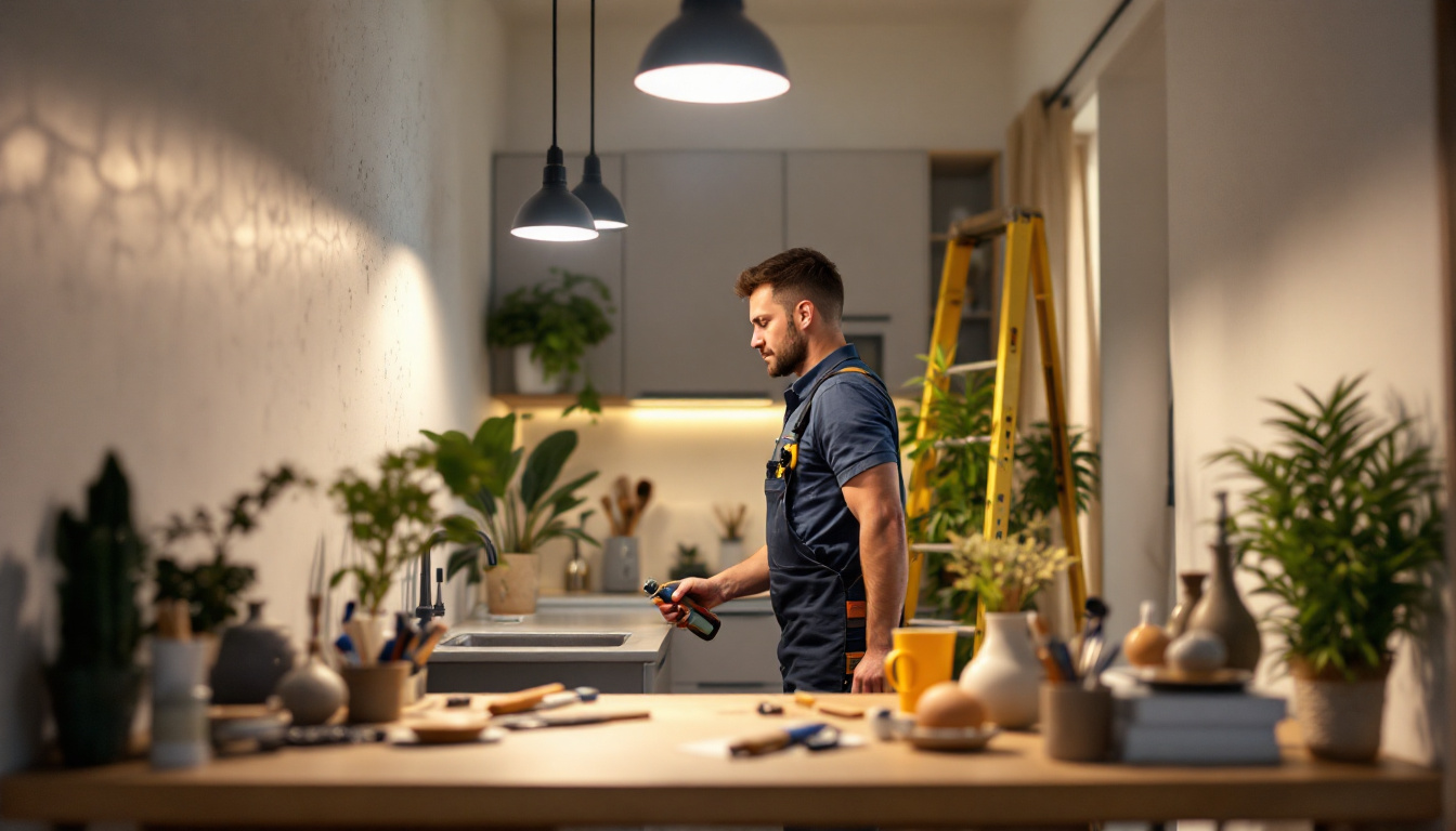 A photograph of a skilled technician installing energy-efficient lighting fixtures in a modern american home