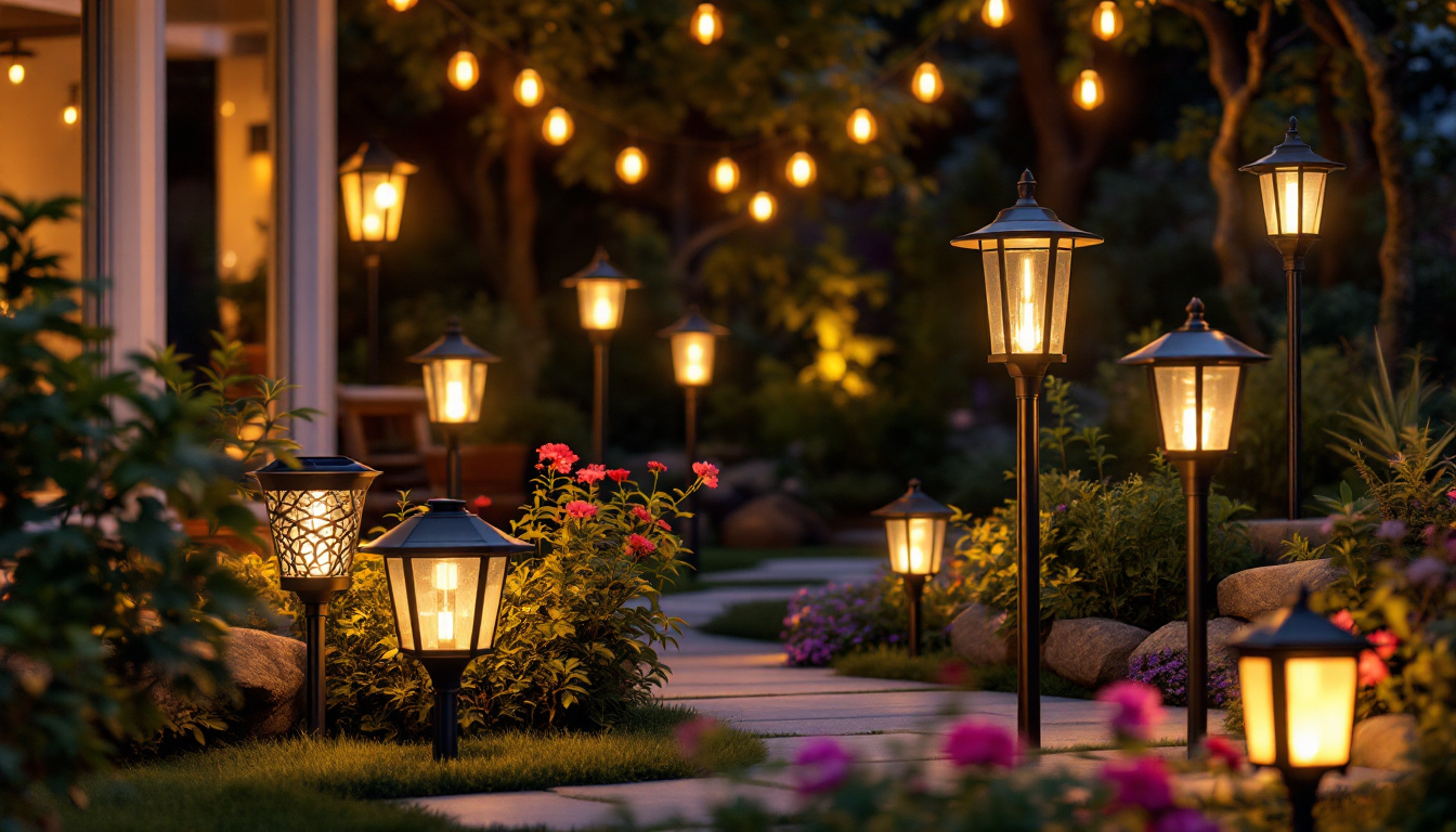 A photograph of a well-lit outdoor scene featuring a variety of solar lamps in different styles and sizes