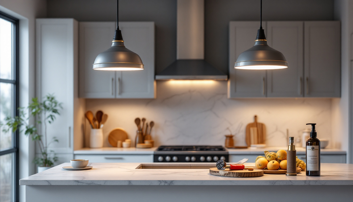 A photograph of a beautifully designed kitchen island featuring stylish light fixtures