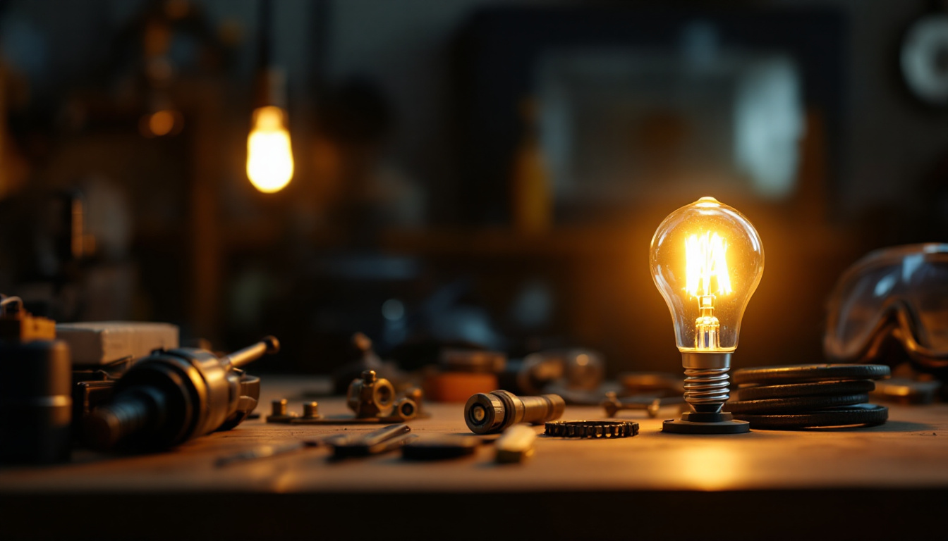 A photograph of a well-lit workspace featuring a type a light bulb in use