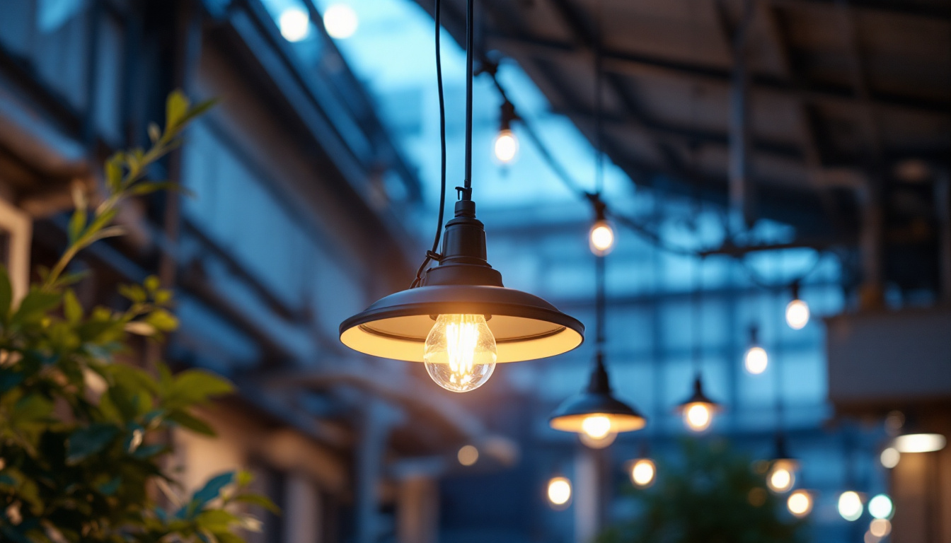 A photograph of a beautifully lit outdoor hanging light installation in an industrial or commercial setting