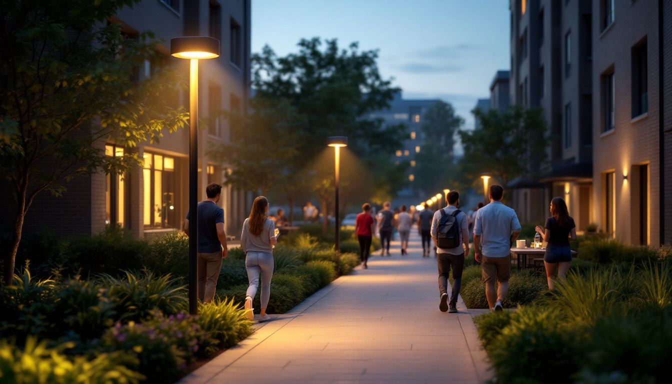 A photograph of a well-lit outdoor space featuring post solar lights illuminating pathways and key areas