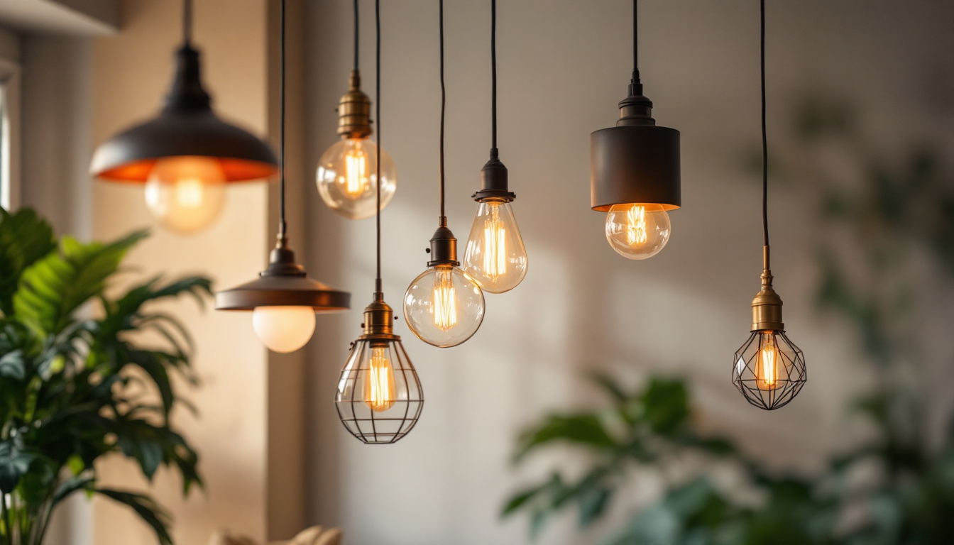 A photograph of a beautifully styled room featuring a variety of hanging pendant lights at different heights