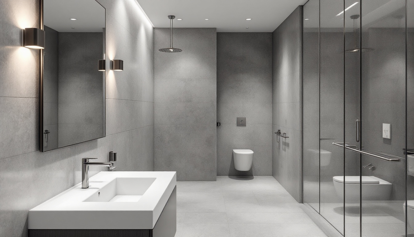 A photograph of a well-lit bathroom showcasing strategically placed wall lighting that highlights safety features and enhances the overall ambiance