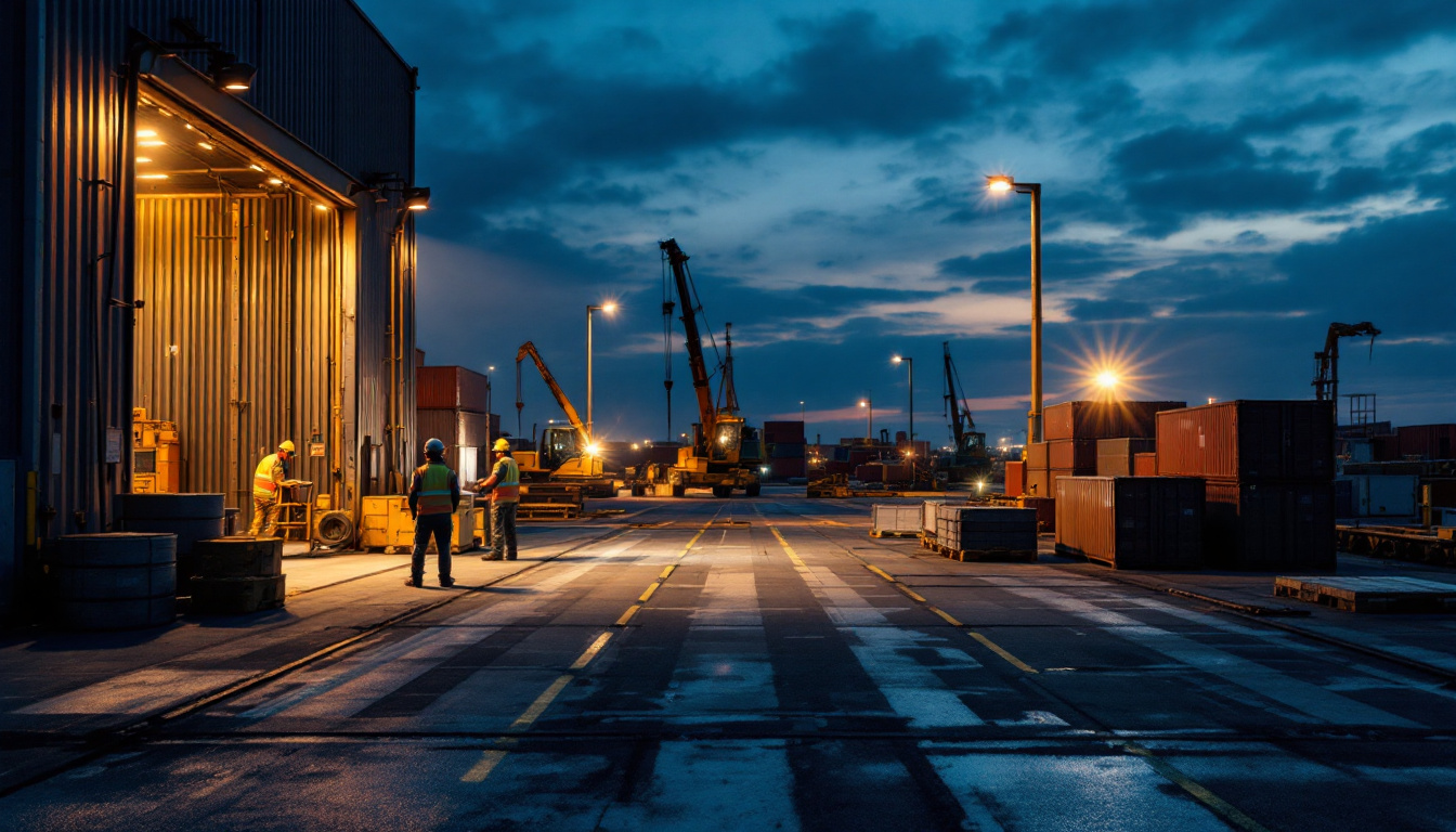 A photograph of a well-lit dock area at dusk