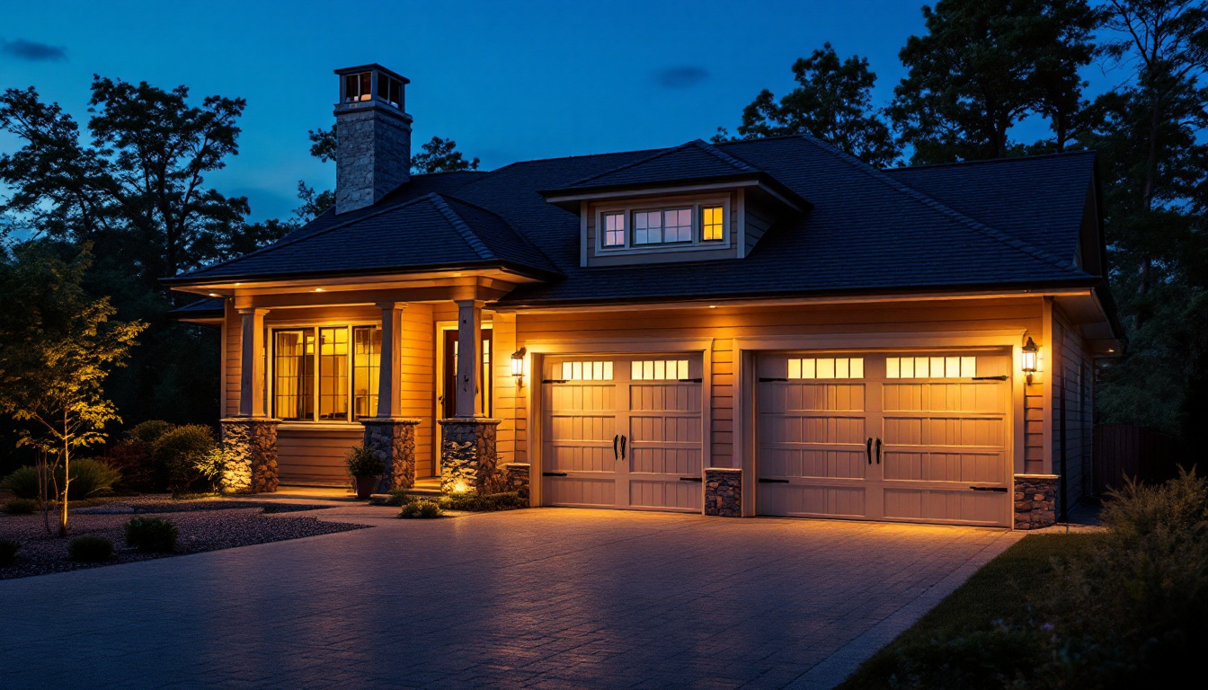 A photograph of a beautifully illuminated garage exterior at dusk