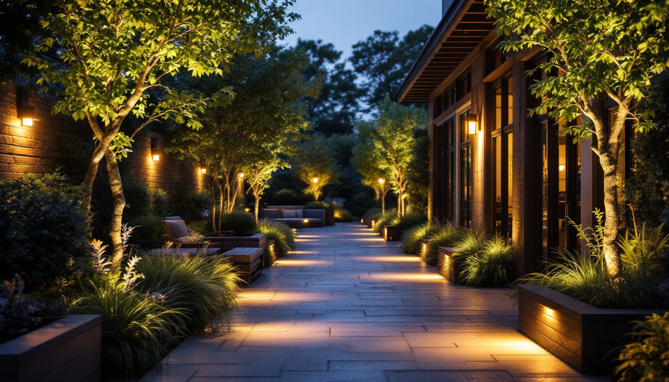 A photograph of a beautifully lit outdoor space featuring various types of uplights illuminating trees