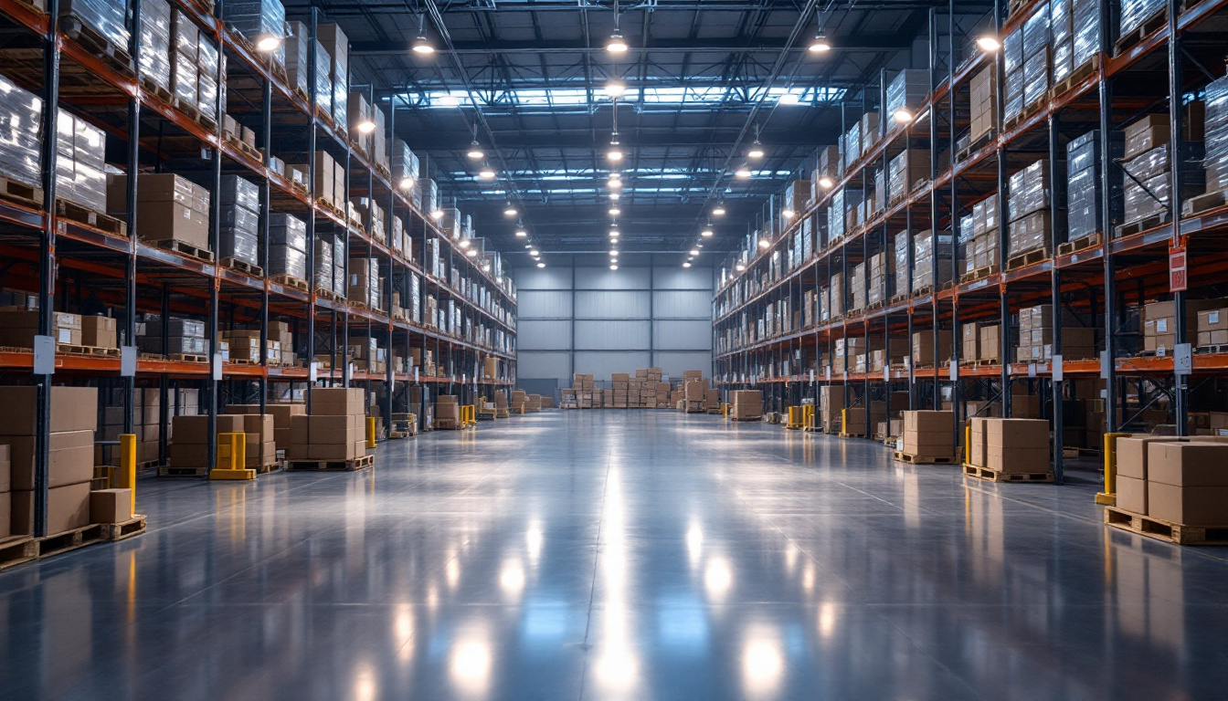 A photograph of a well-organized warehouse illuminated by strategically placed lights