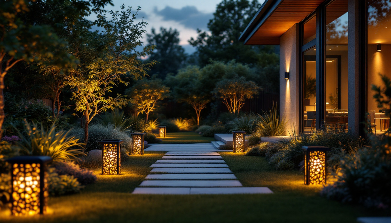 A photograph of a beautifully landscaped modern garden at dusk