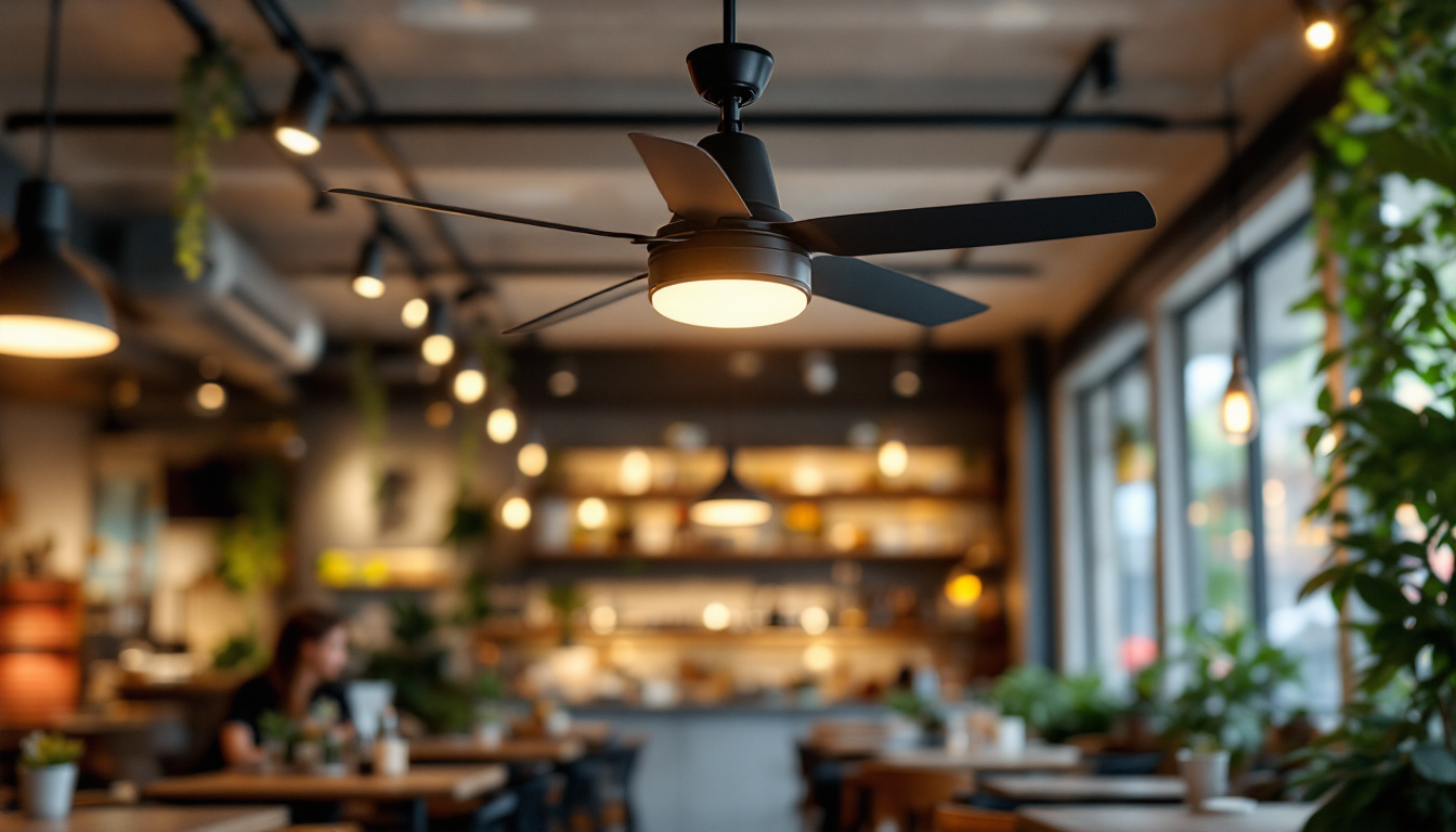 A photograph of a stylish commercial ceiling fan in action within a vibrant