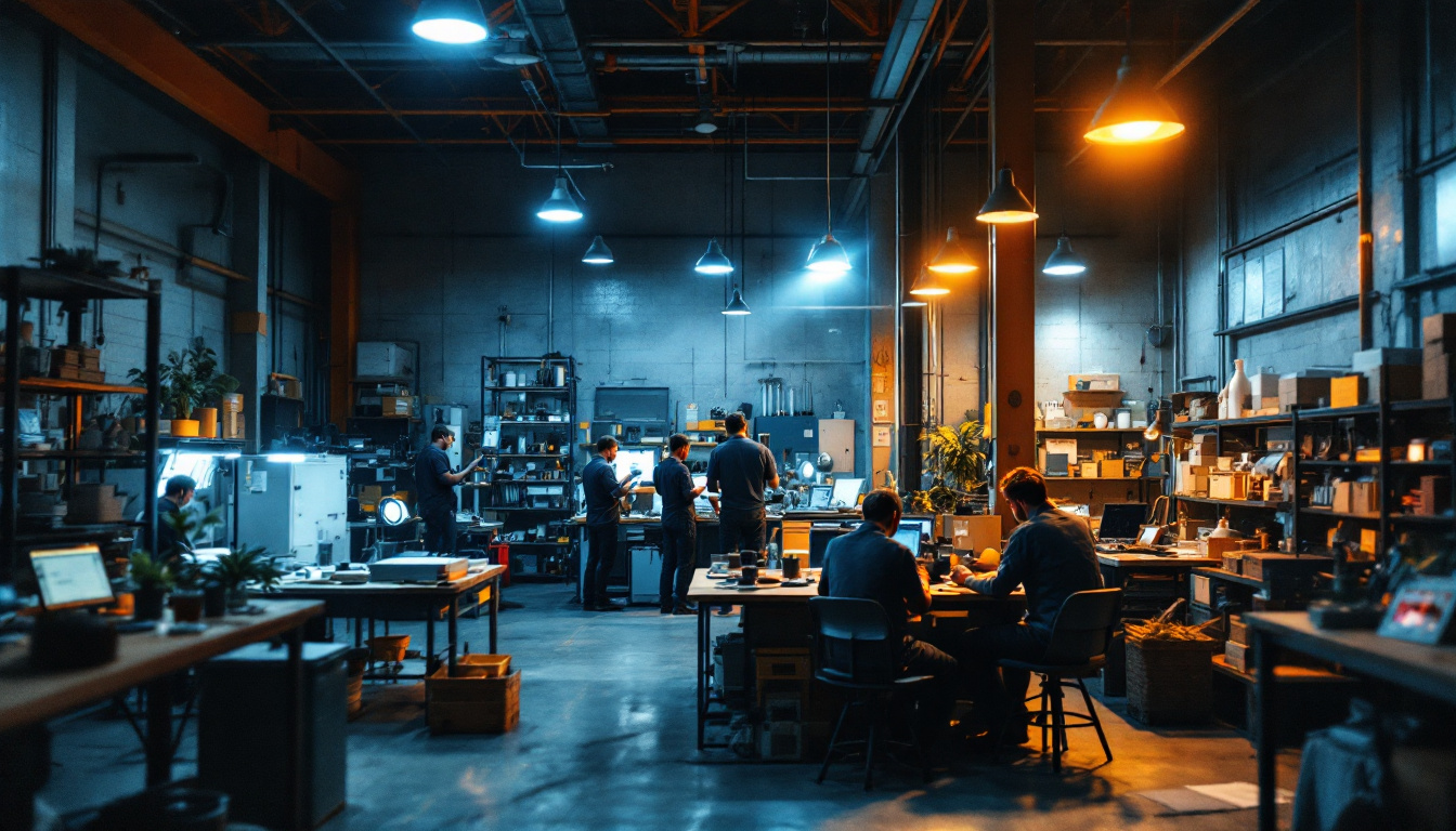 A photograph of a vibrant industrial workspace illuminated by metal halide bulbs