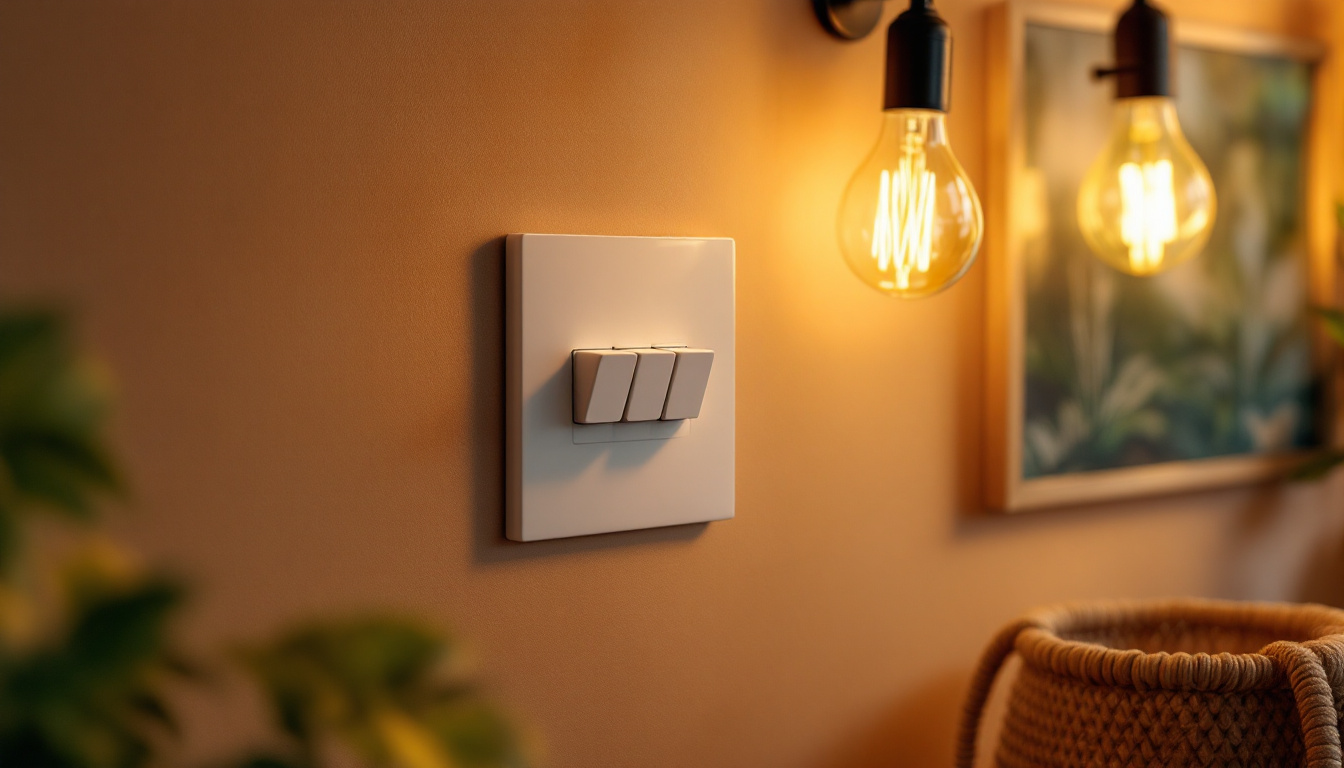 A photograph of a stylish three-way toggle switch integrated into an eco-friendly lighting setup