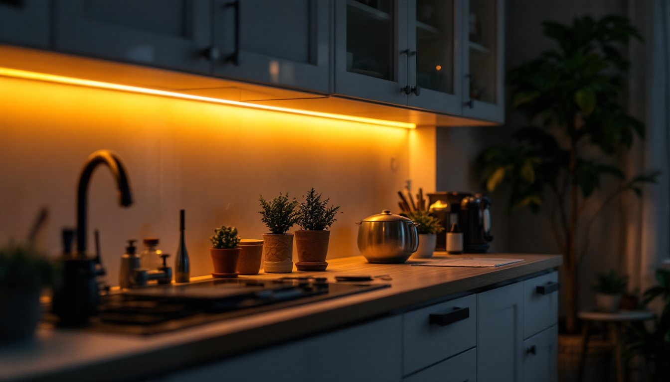 A photograph of a beautifully illuminated kitchen with led under cabinet lights showcasing their warm glow and highlighting the workspace