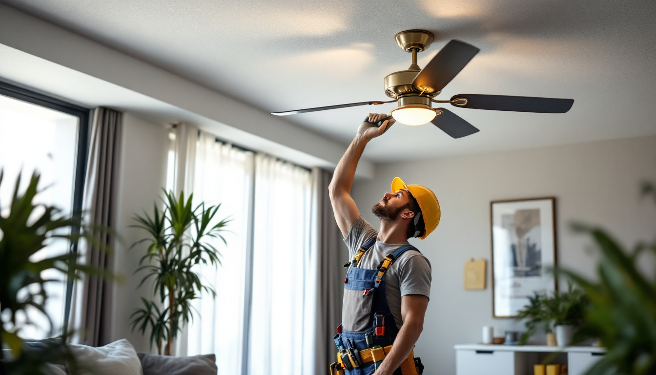 A photograph of a skilled electrician installing a stylish ceiling fan light fixture in a modern living room