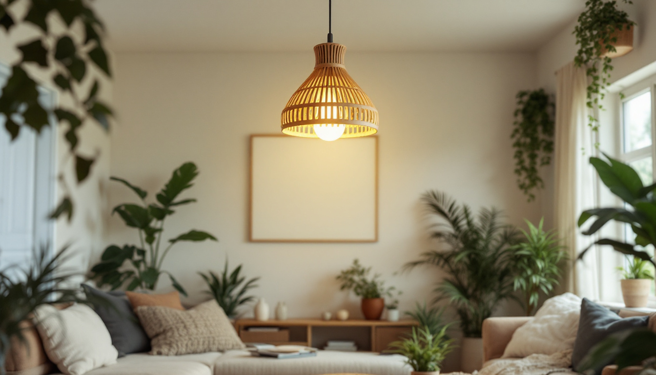 A photograph of a beautifully designed ceiling lamp made from sustainable materials