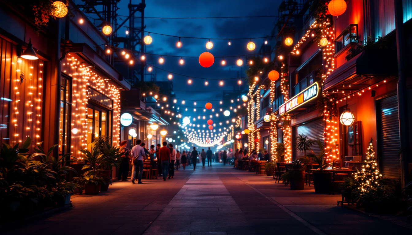 A photograph of a vibrant outdoor scene showcasing decorative lights illuminating an industrial or commercial space